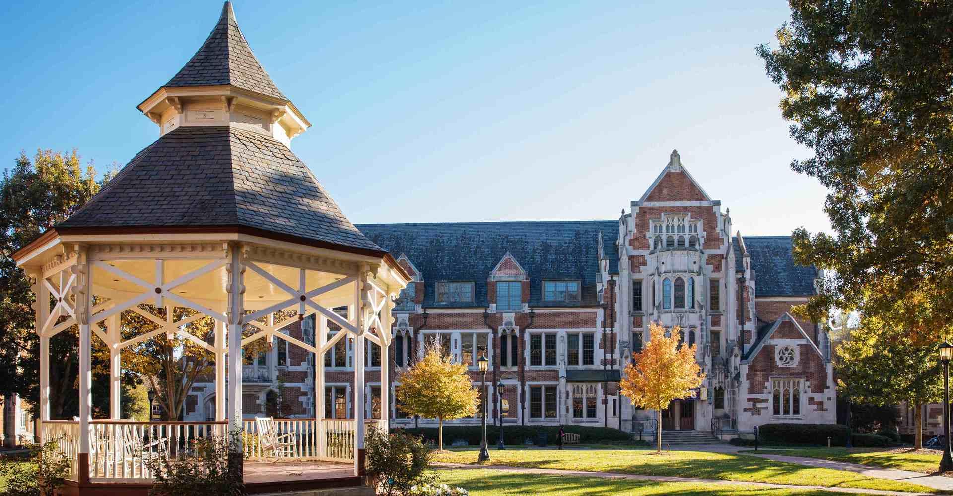 exterior photo of Agnes Scott campus including a gazebo